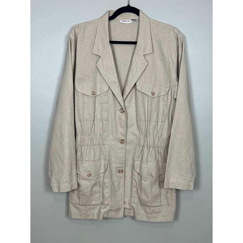 Talbots Womens Vintage Beige Linen Cotton Safari Utility Jacket Elastic Waist S